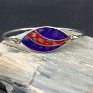 Vintage Alpaca Mexico Enamel Abalone Inlay Bangle Bracelet Purple Red Silver